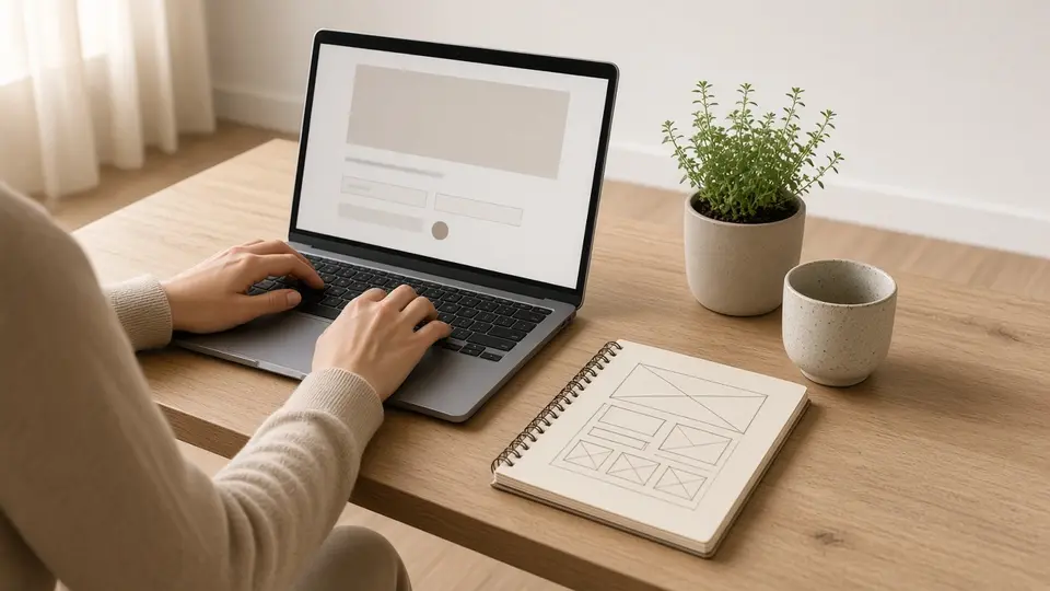 Laptop med en enkel nettside, og en skisse av sidene i en notatbok